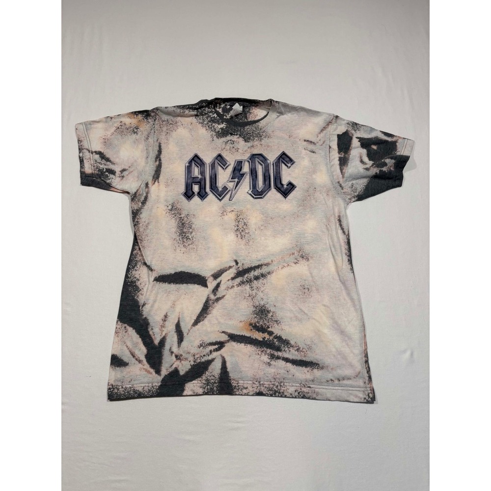 ACDC Graphic Band Tee Tultex Bleach Wash Tie Dye Grey Large Short Sleeve T-Shirt